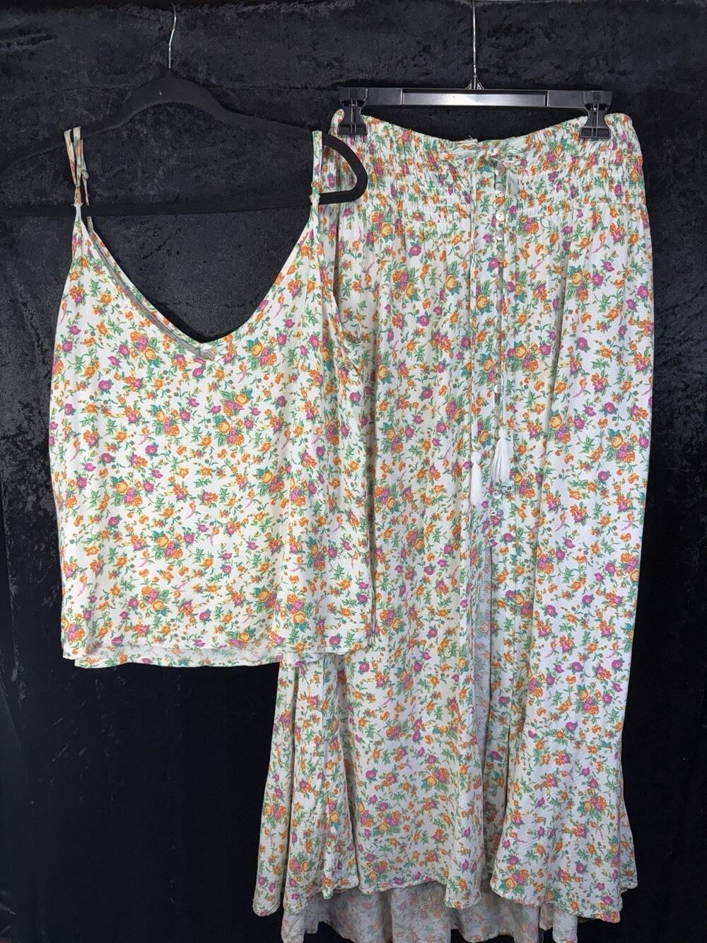 Cynthia Rowley Floral White Maxi Skirt + Cami Set Sz M Adjustable Straps Stretch